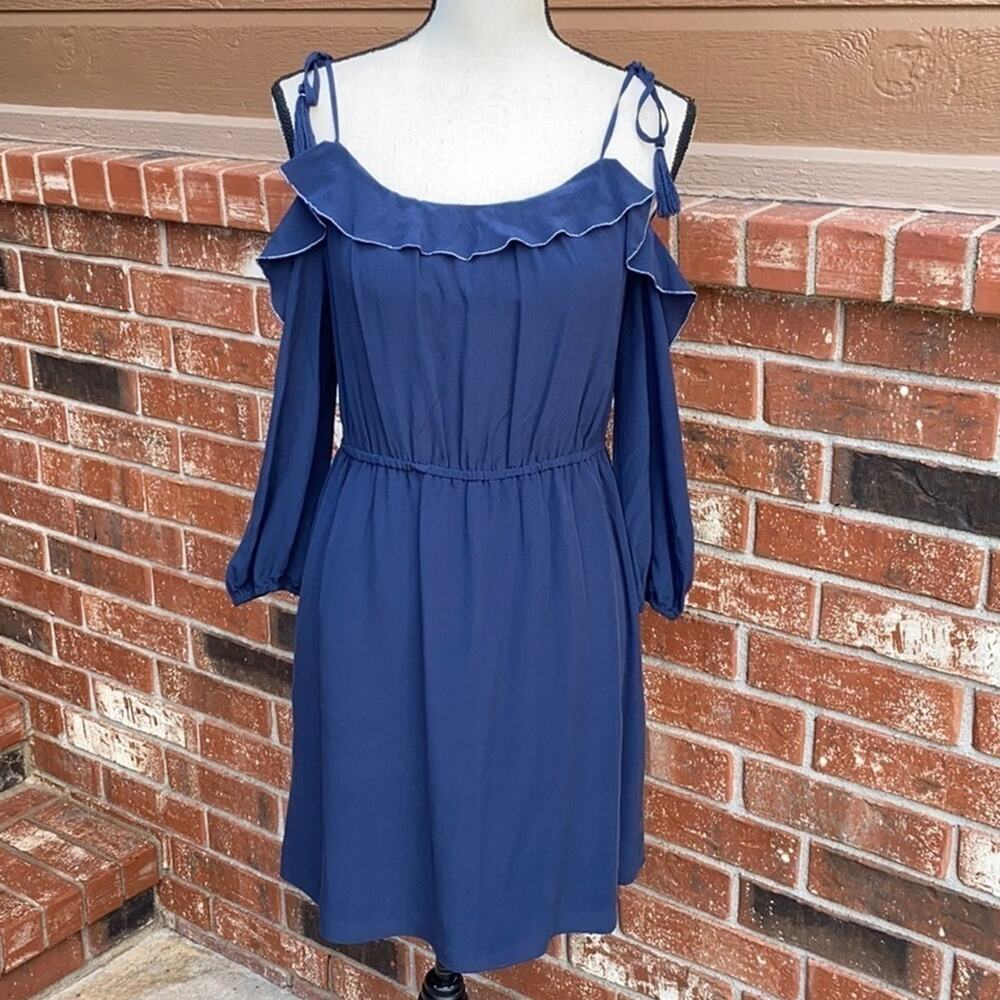 A Loves A 100% Silk Dress Navy Blue Cold Shoulder Mini S Small Wedding Guest NWT
